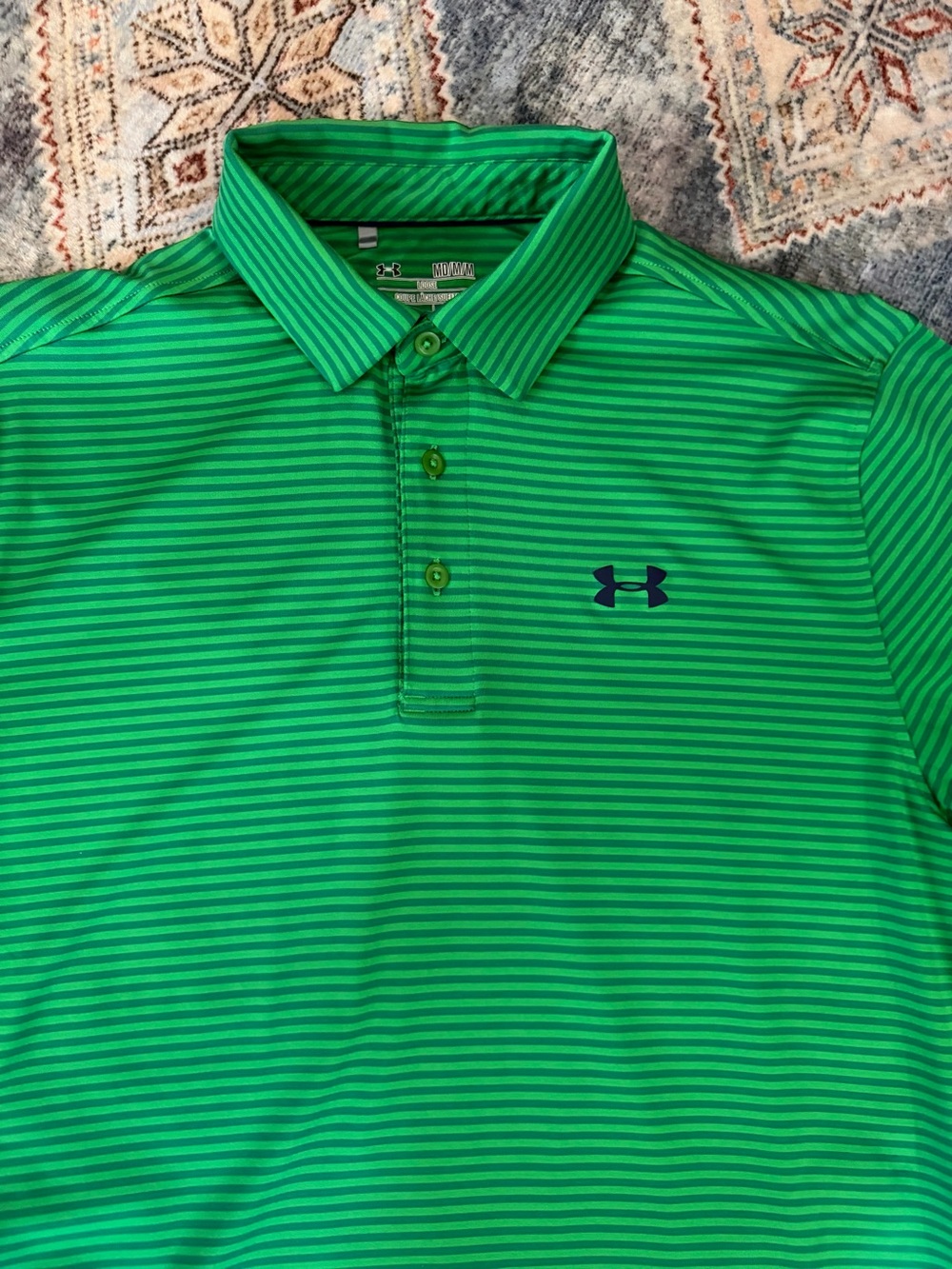 Under Armour Green Striped Polo with Navy Logo
